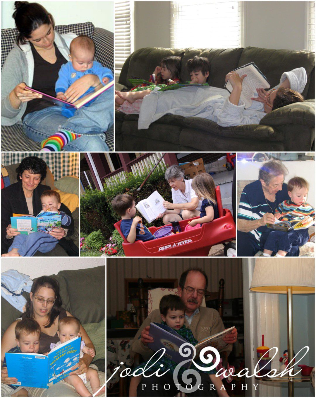 collage of images of a little boy reading books with his family