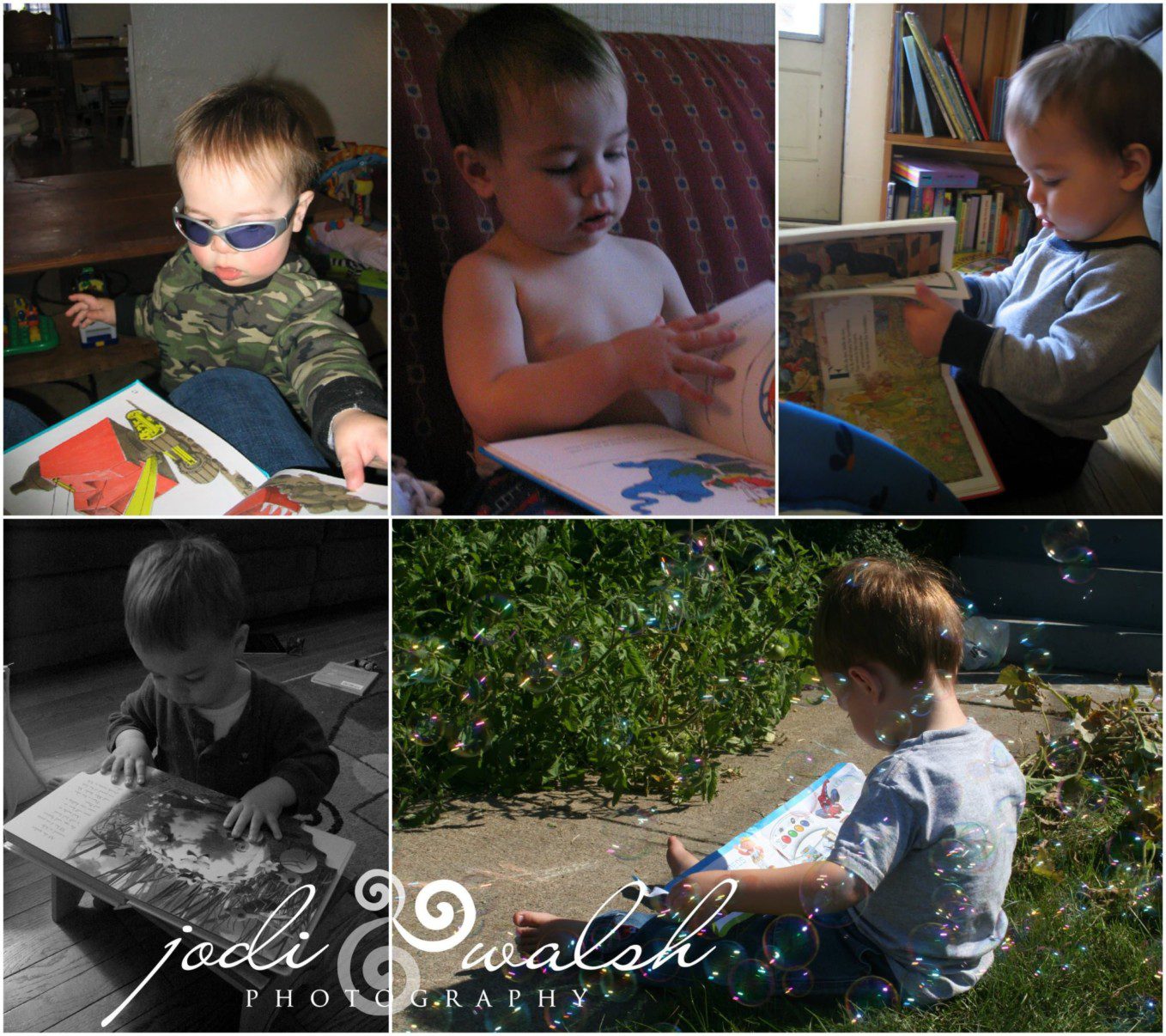 collage of images of a little boy reading books