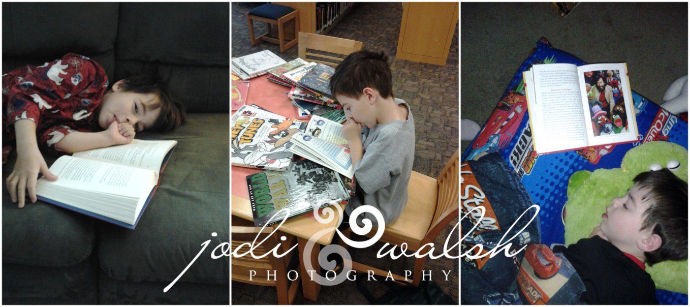 images of an older boy reading books