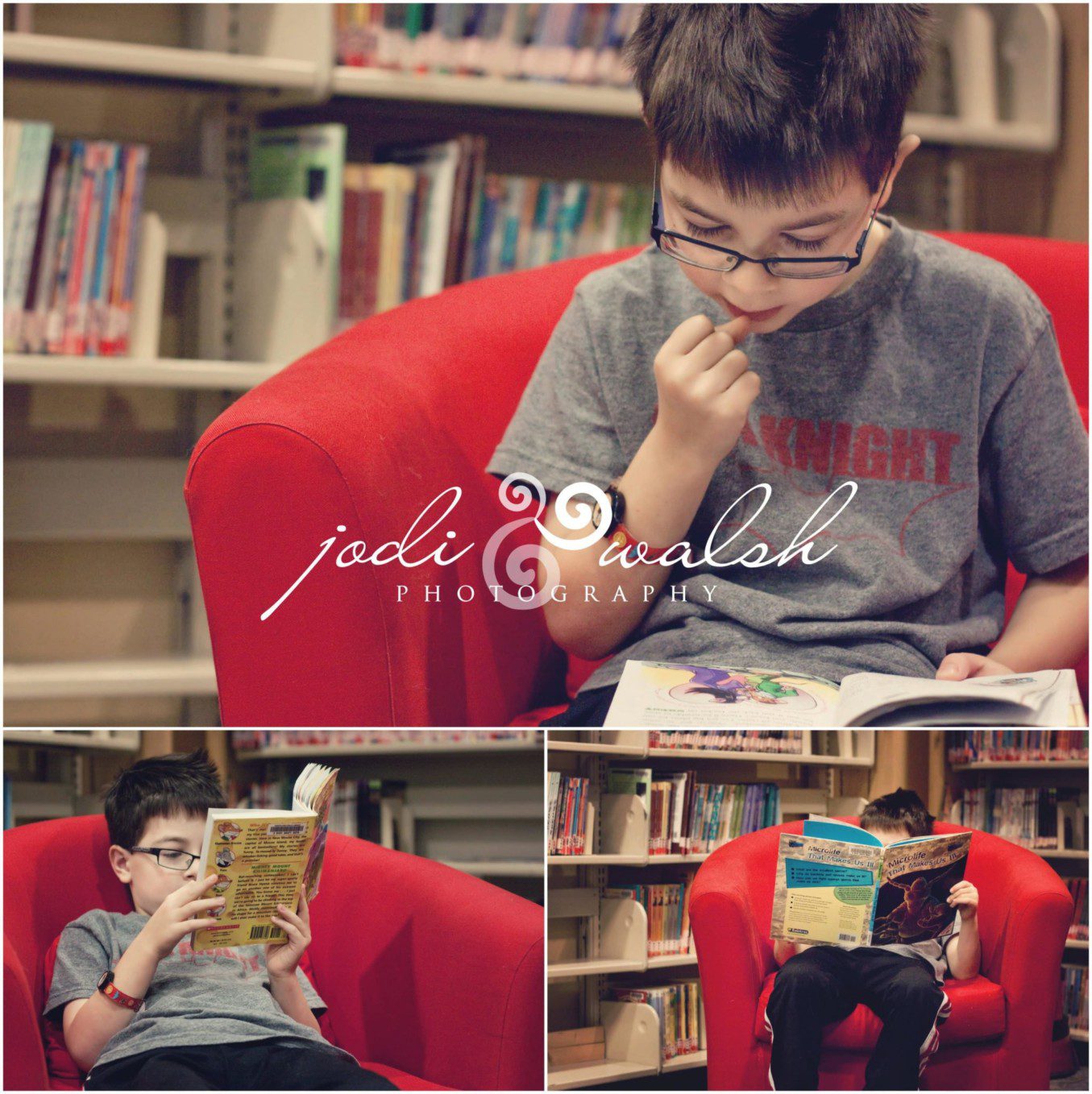 image of a boy sitting in a red chair at a library, reading