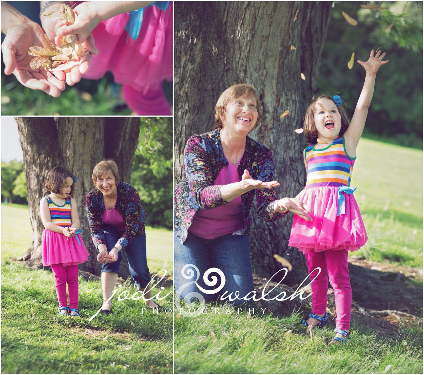 grandmother and granddaughter tossing helicopters (seeds) in the air under a tree