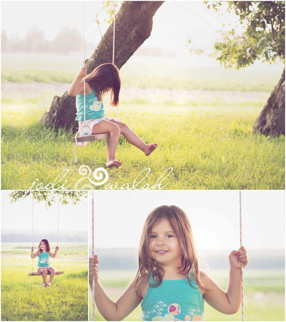 Little girl swinging in the yard