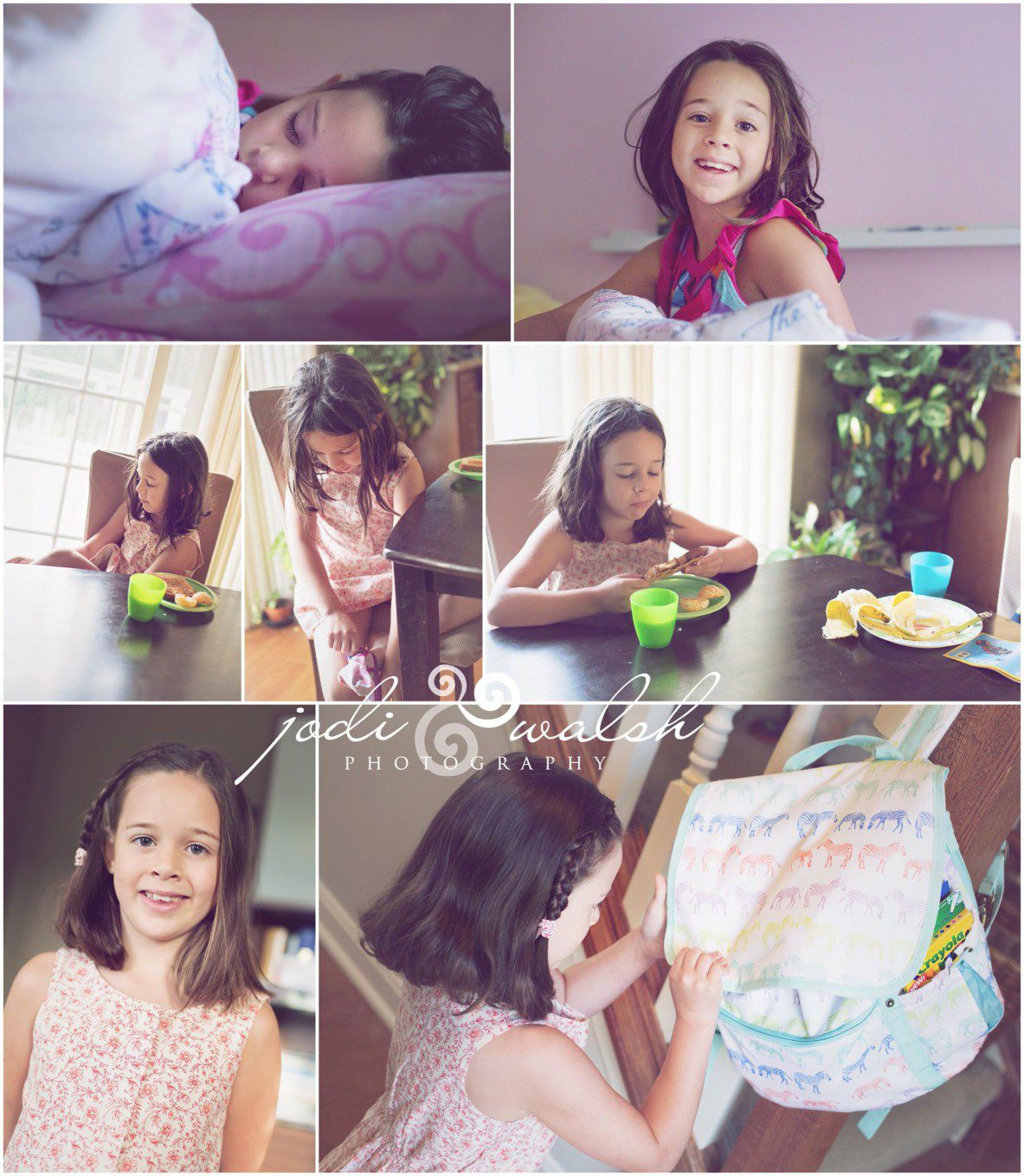 collage of little girl waking up and getting ready for the first day of school