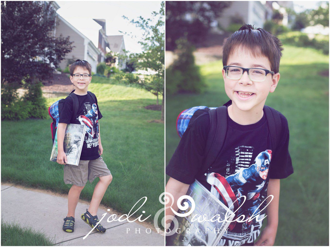 boy with glasses, book and backpack in front yard, back to school photos, Pittsburgh