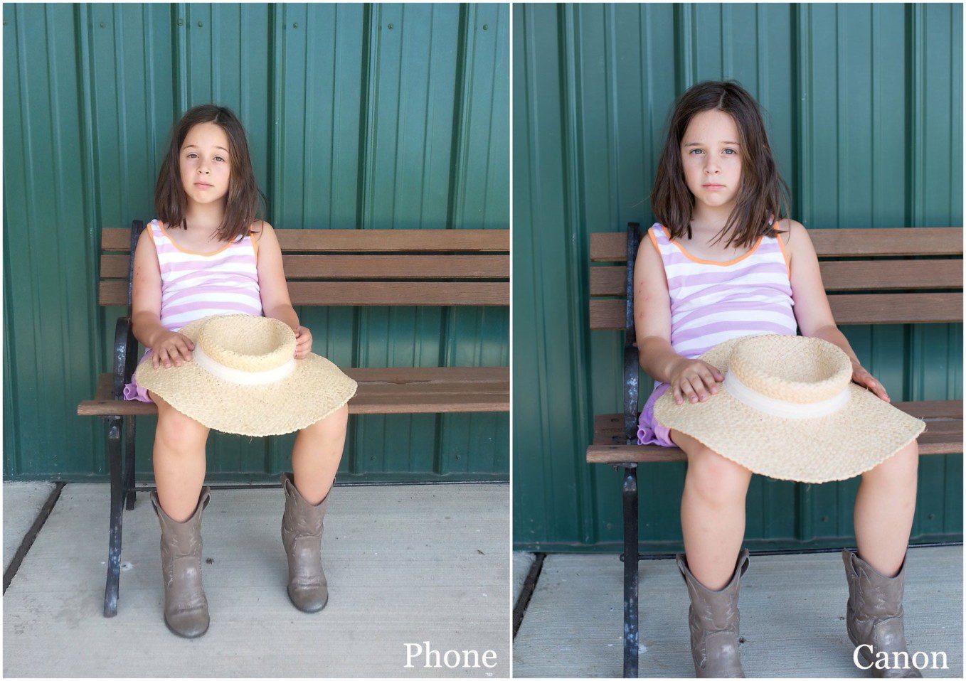 little girl sitting on a bench in front of a green wall.  she's wearing cowboy boots and holding a straw hat in her lap.