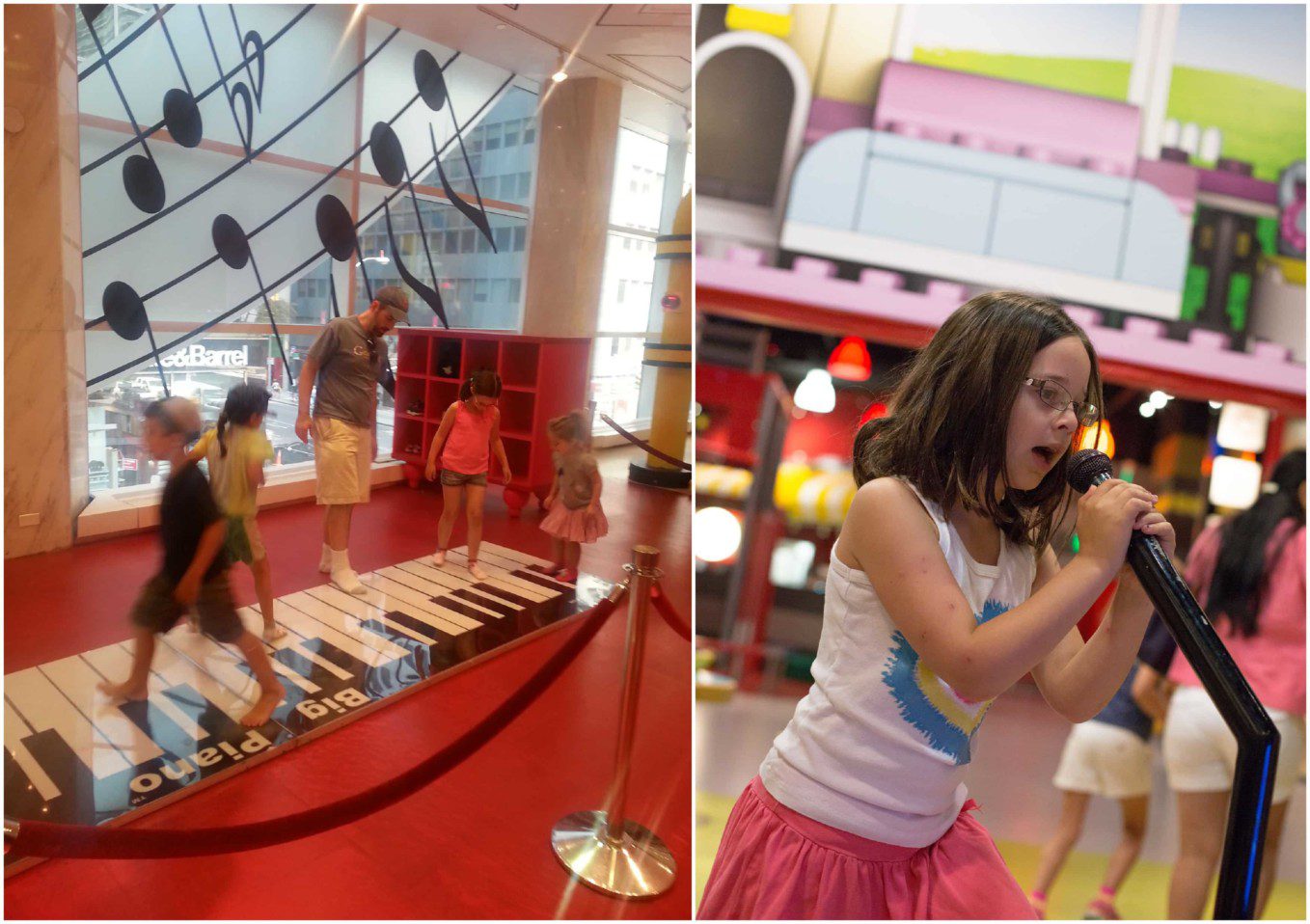 images of the people playing on the floor piano in FAO Schwartz in NYC and a girl singing into a microphone.