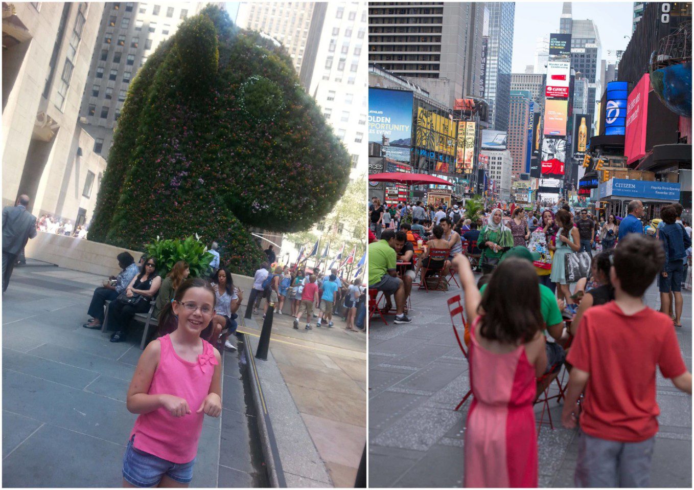 little girl and crowds in Time Square, NYC