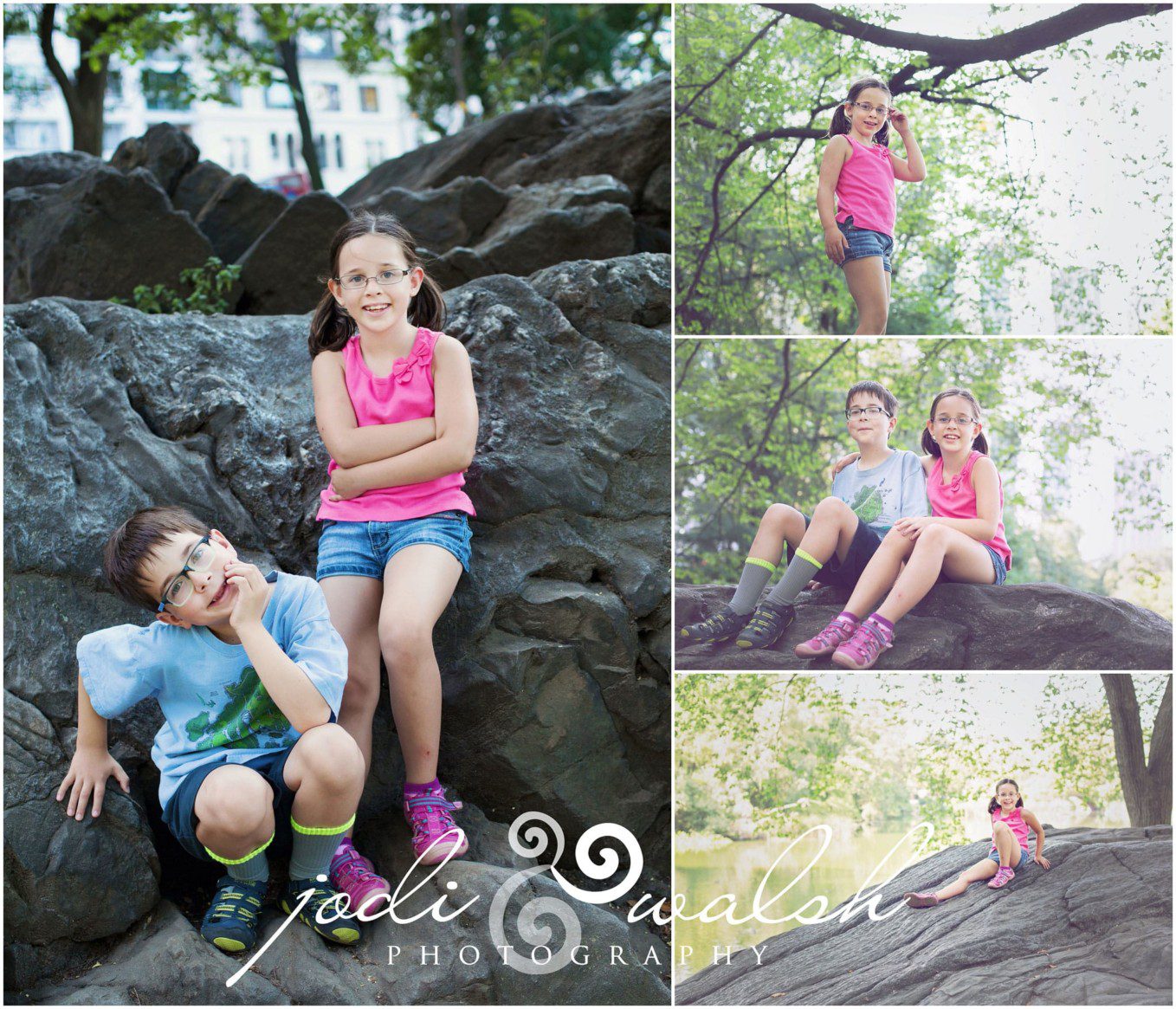 boy and girl sitting on the big rocks in Central Park, NYC. 