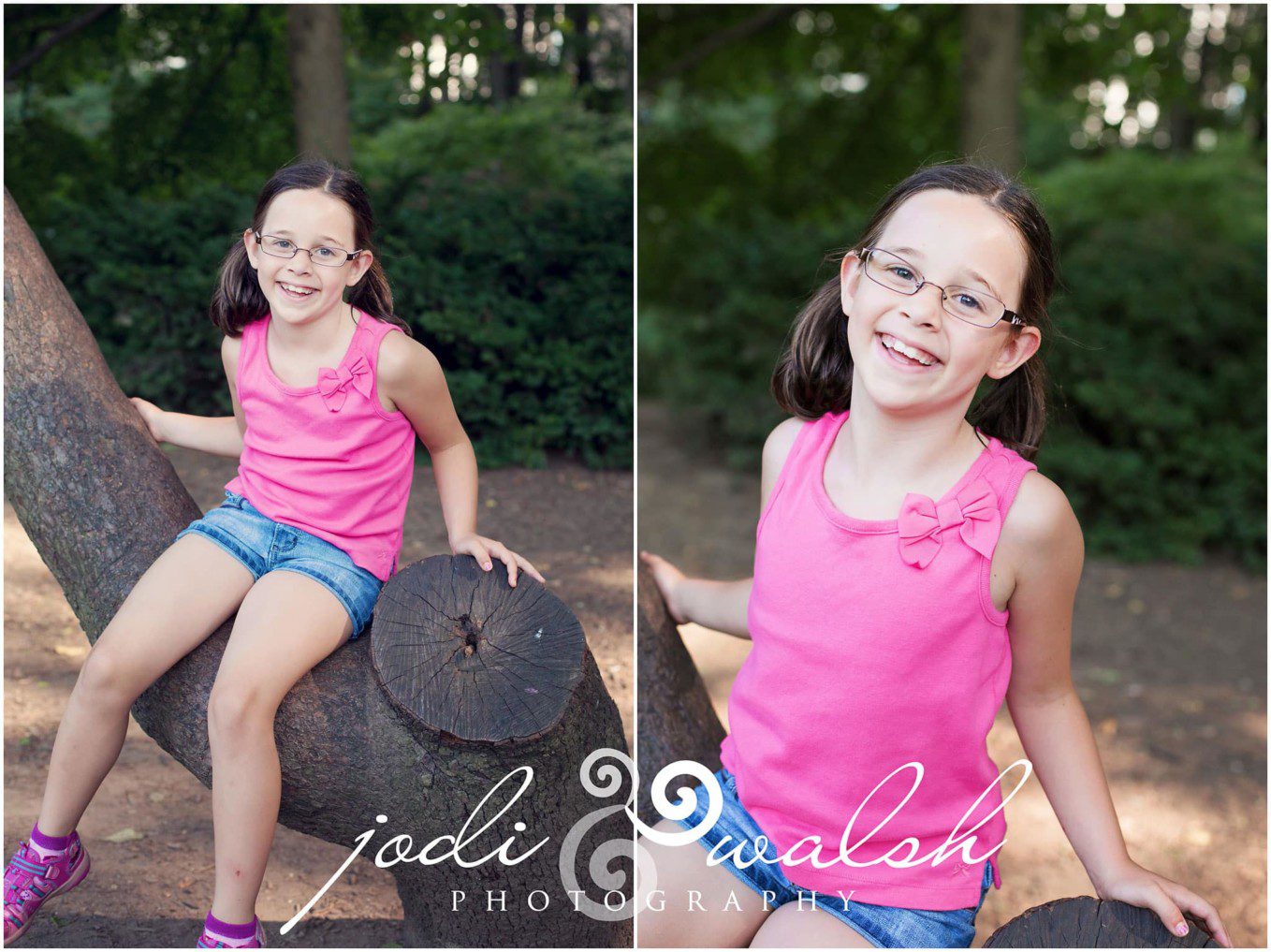little girl in a pink top and glasses sitting on a tree stump in Central Park, NYC