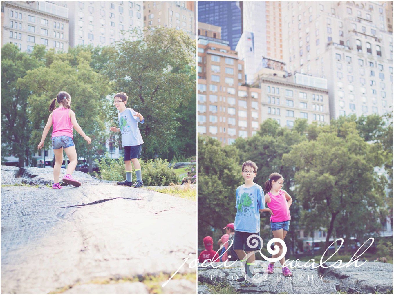 little girl and boy playing the the large rocks in Central Park, NYC. Tall buildings are in the distance behind them.