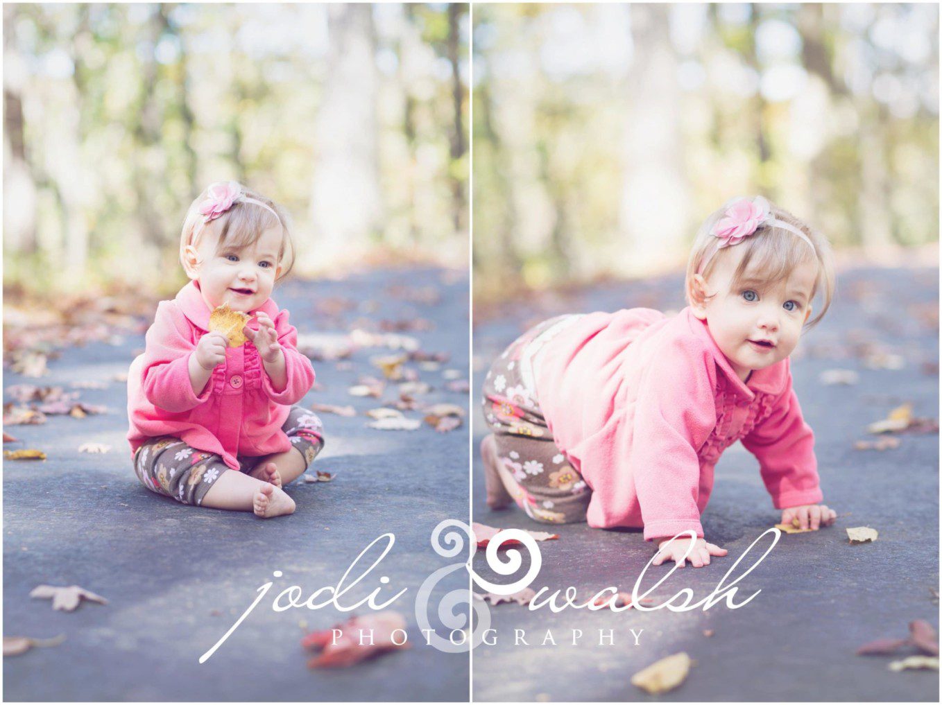 baby girl crawling on a paved path covered with leaves