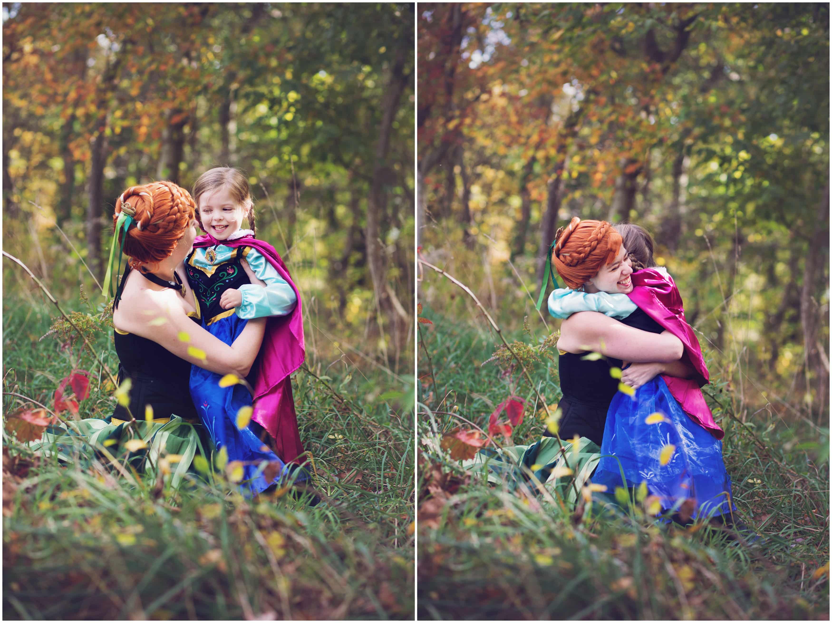 little girl hugging with woman dressed as Princess Anna from Frozen, fall Storybook portrait session