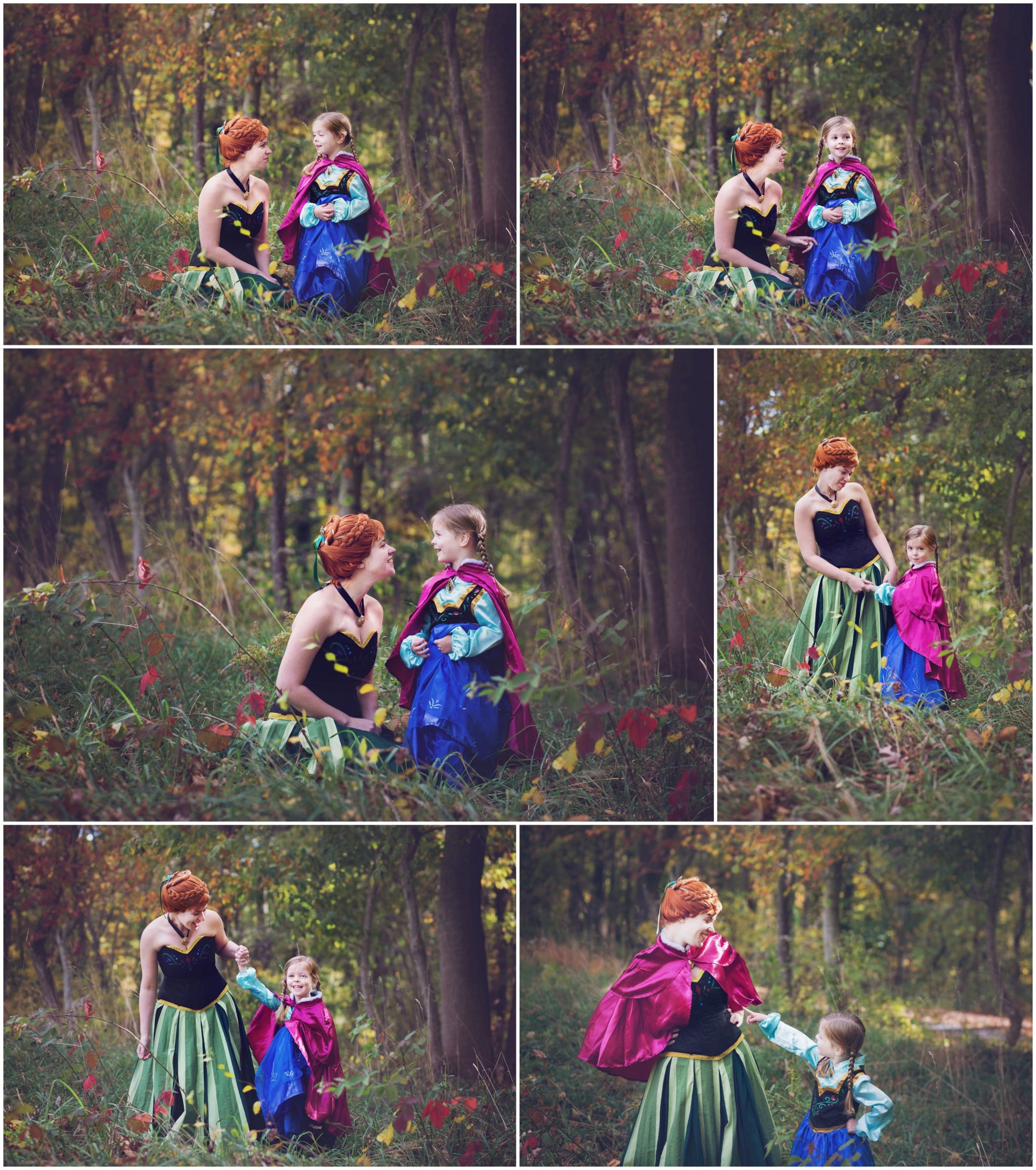 little girl talking with aunt dressed as Princess Anna from Frozen, fall Storybook portrait session