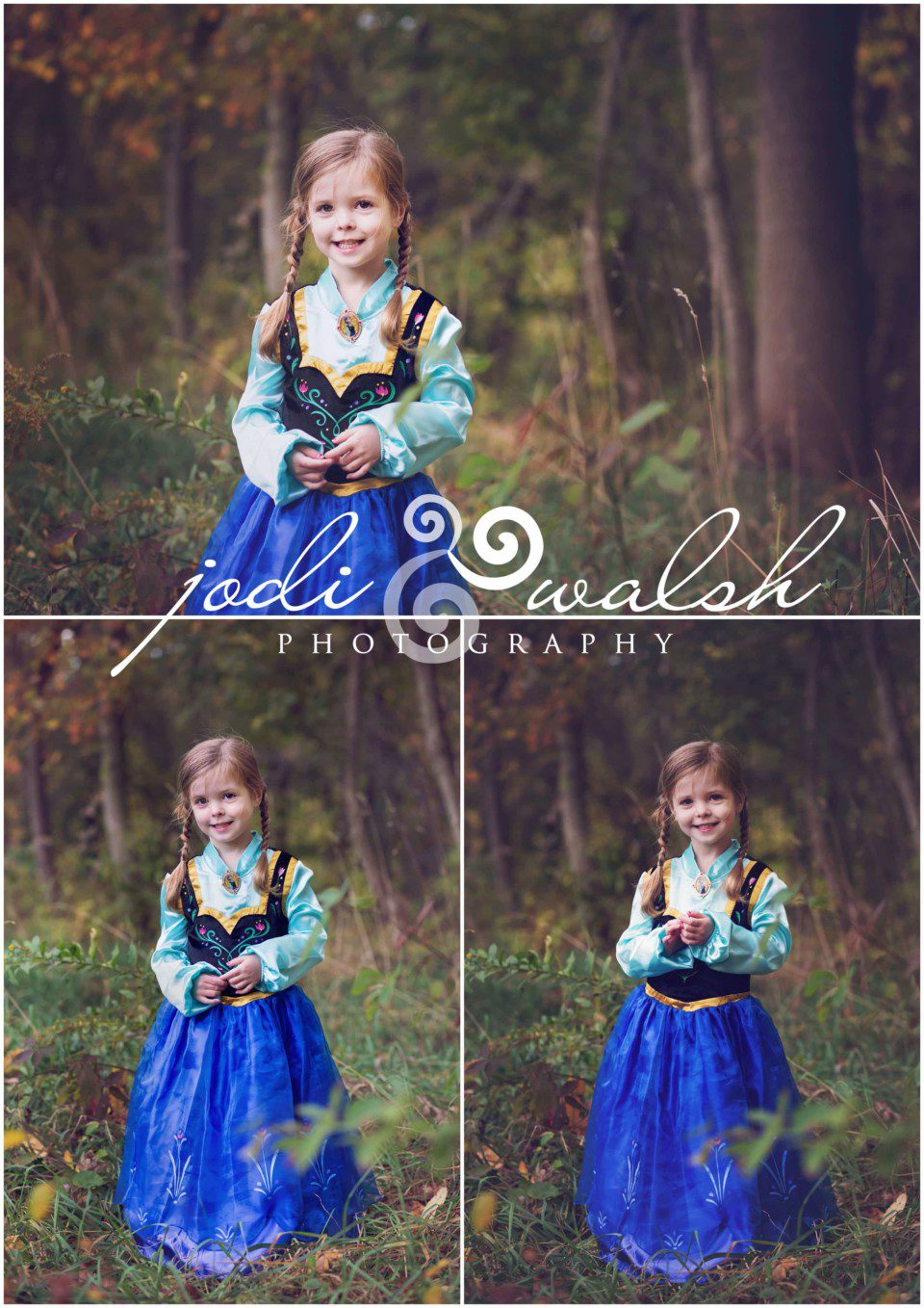 little girl dressed as Princess Anna from Frozen, fall Storybook portrait session