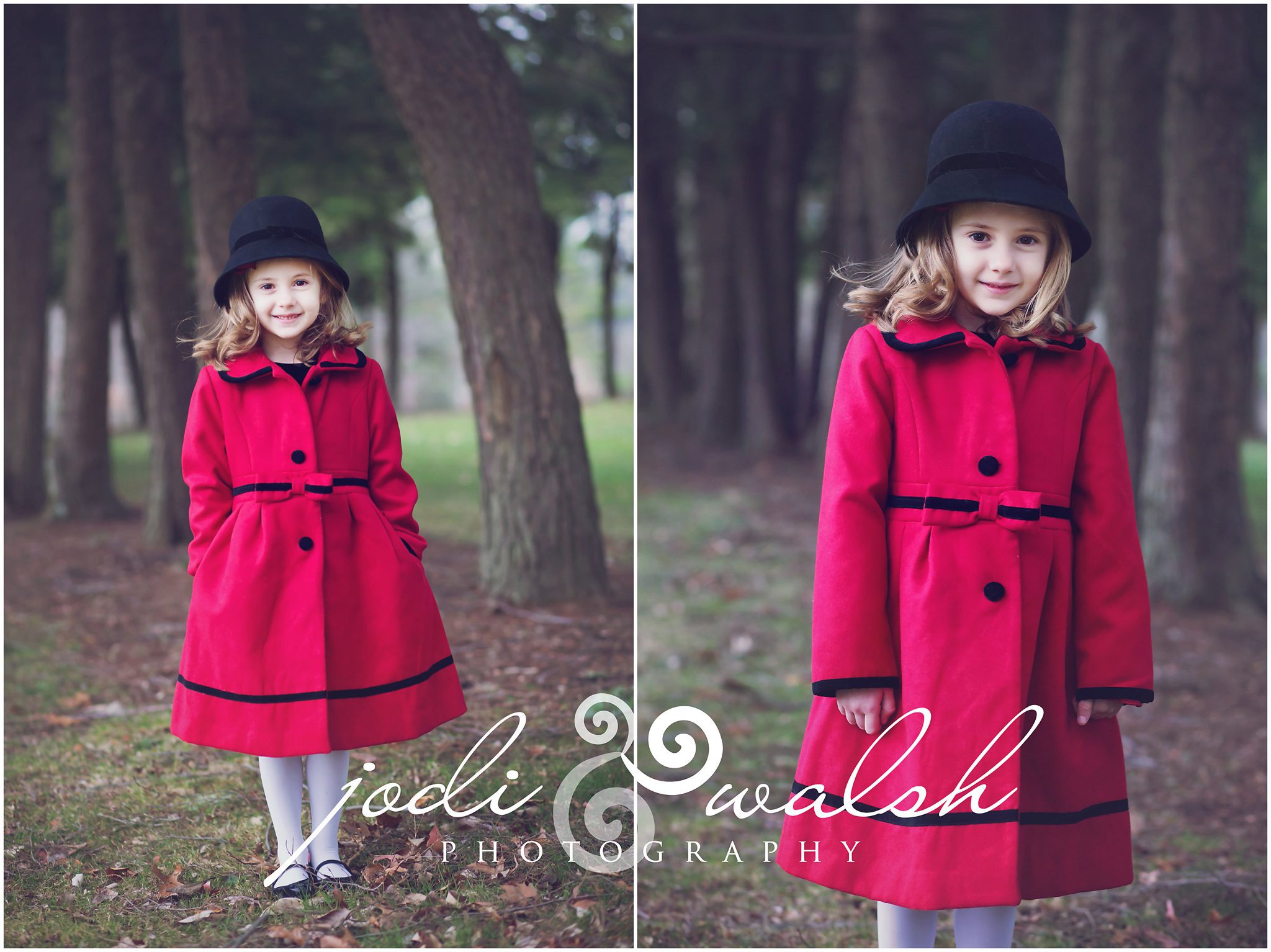 Little girl, red coat, black hat, Christmas pictures, Hartwood Acres