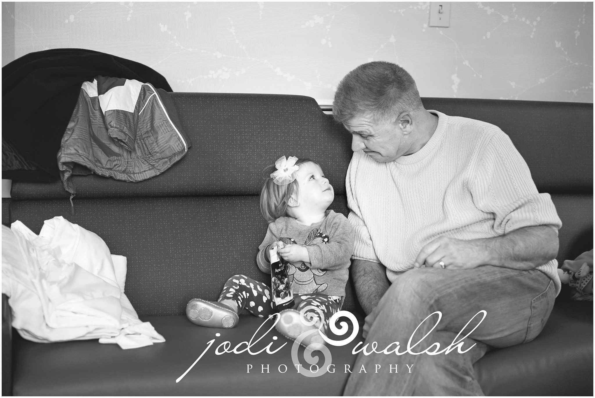 Fresh48, hospital family photos, little girl with grandpa, black and white