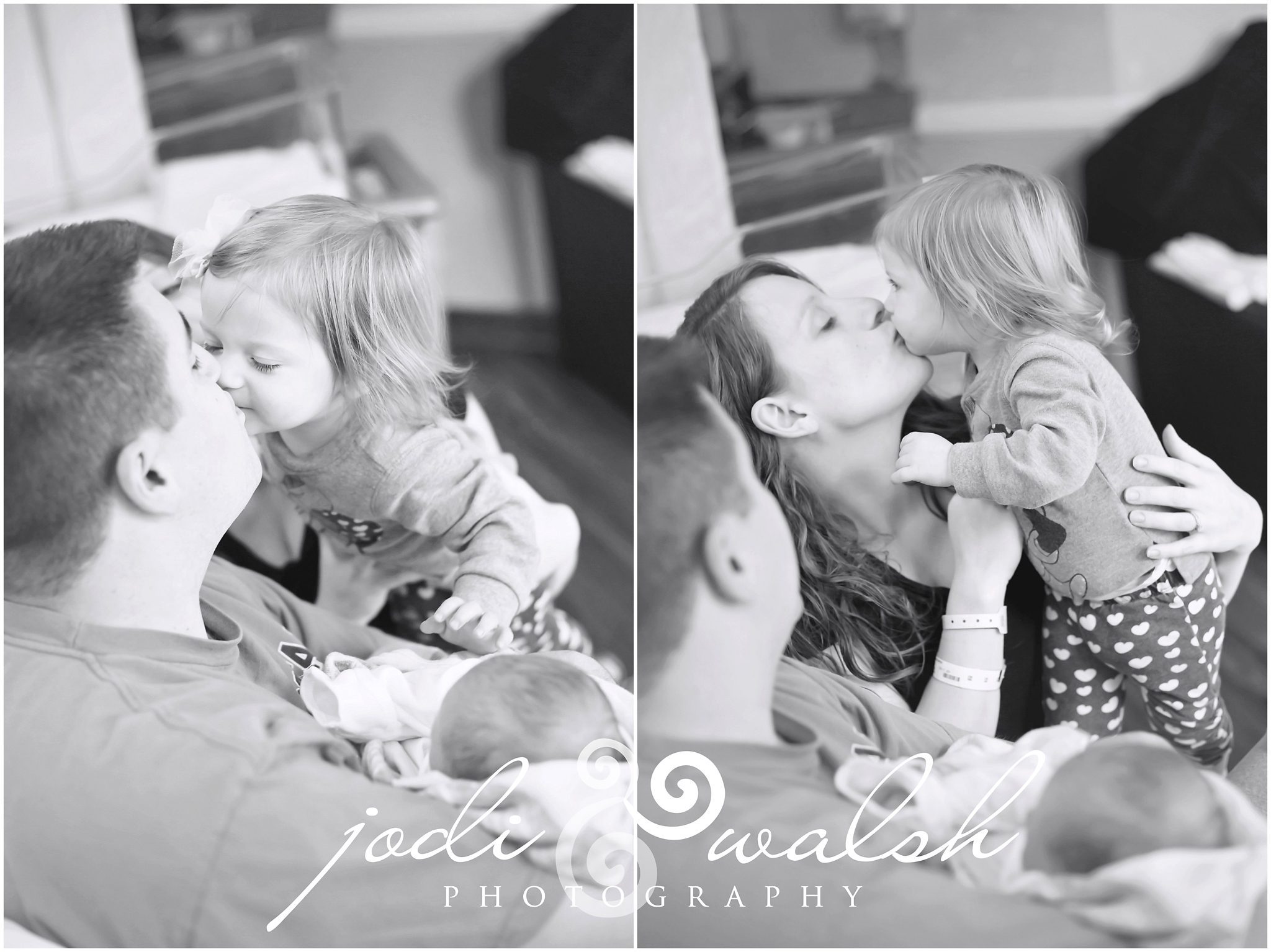 kisses, Fresh48, newborn, hospital family photos, black and white
