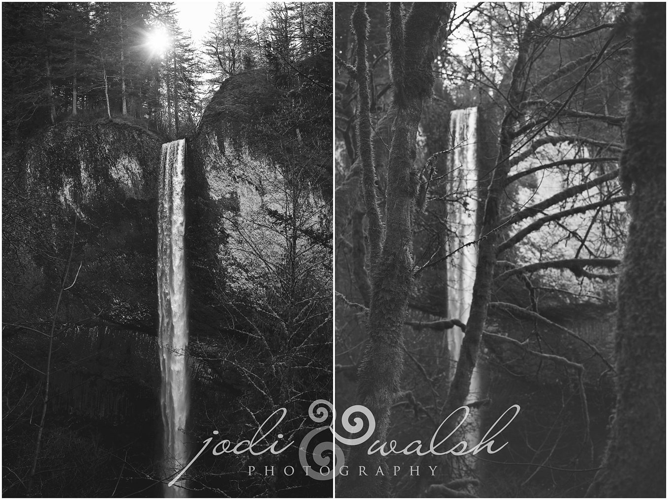 Latourell Falls, Oregon, waterfall, black and white
