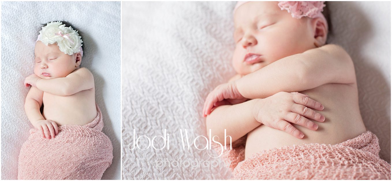 newborn girl, pink wrap, baby fingers