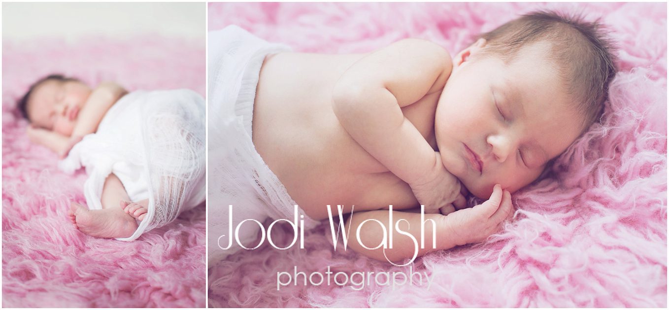 Pittsburgh newborn portrait, pink flokati, white wrap on sleeping baby girl