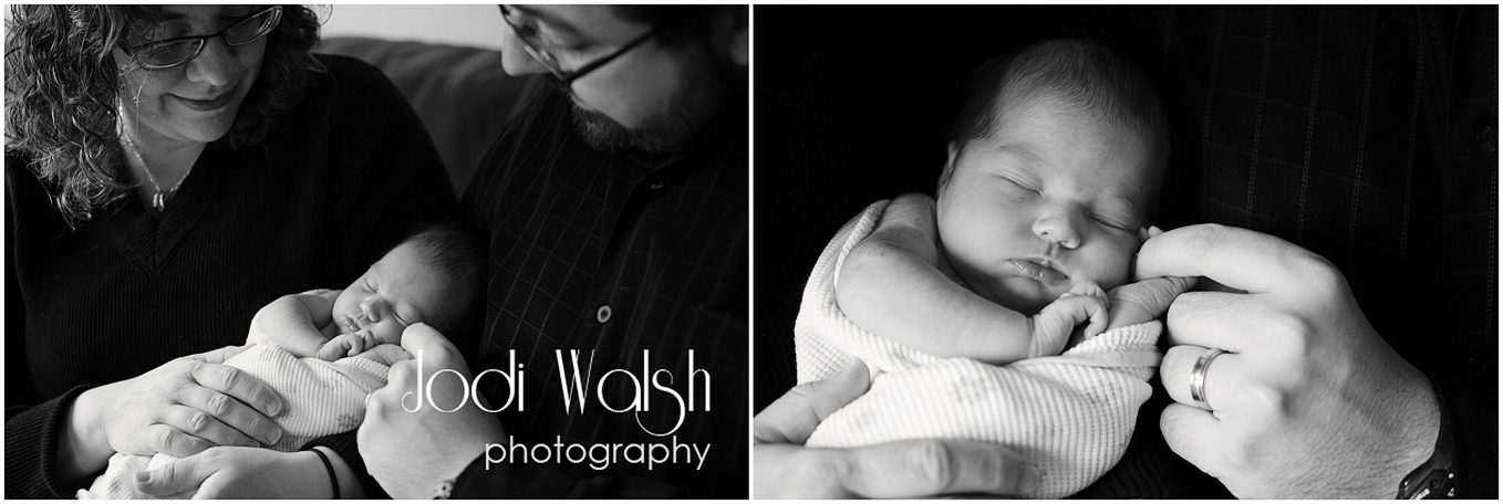 sleeping newborn with mom and dad, detail of dad's hand and wedding ring, black and white newborn lifestyle session