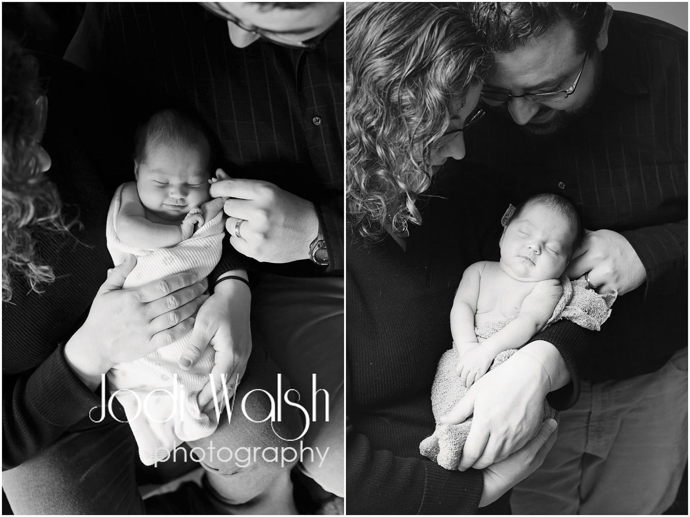 sleeping newborn with mom and dad, black and white lifestyle photo session