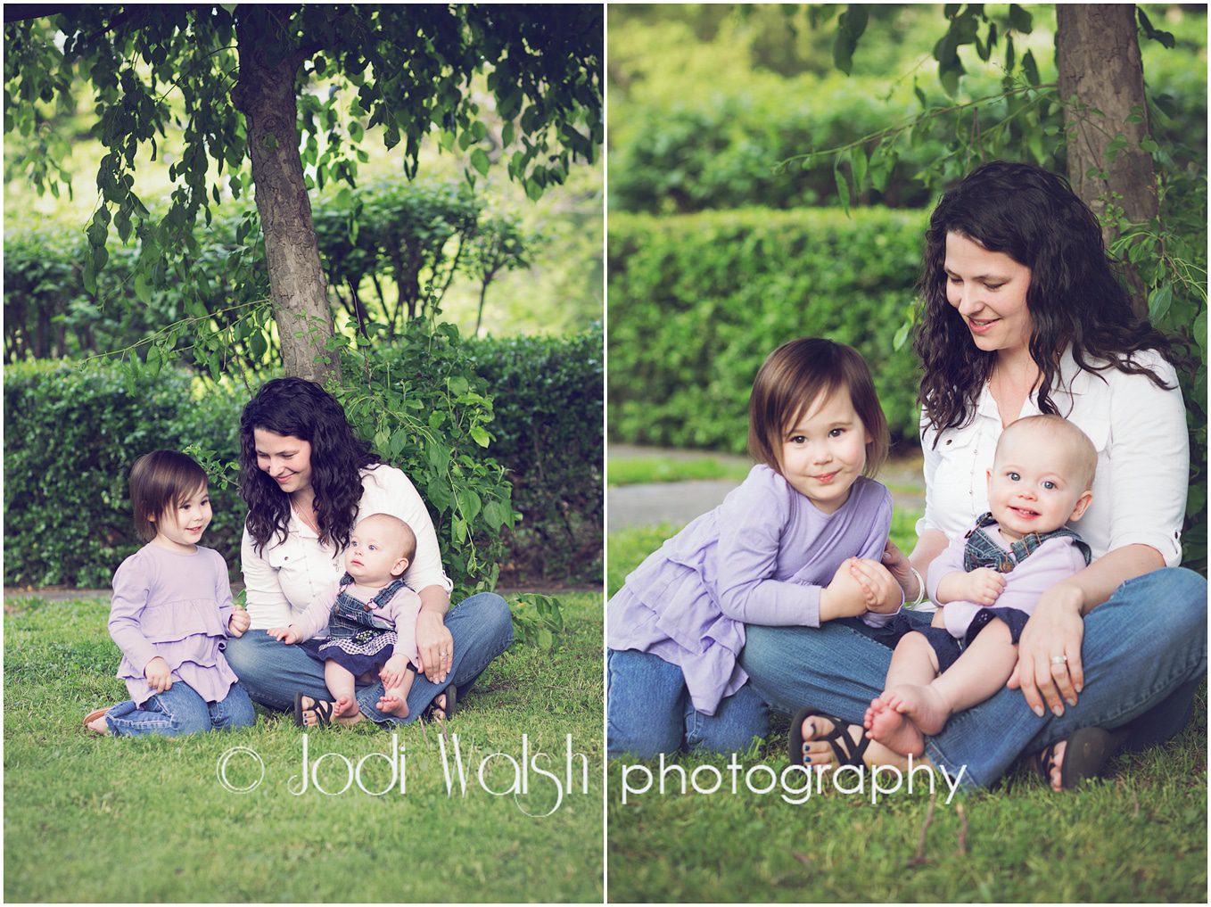 mama with little girls sitting under tree, Pittsburgh family portrait session, Jodi Walsh Photography