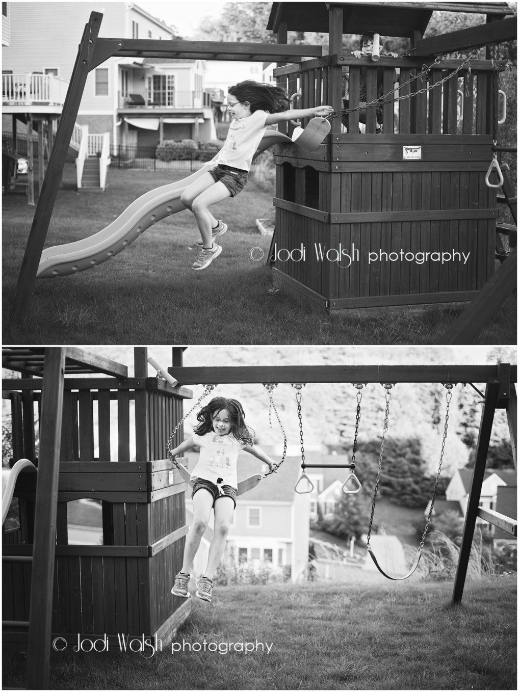 black and white image of a little girl jumping off her swing