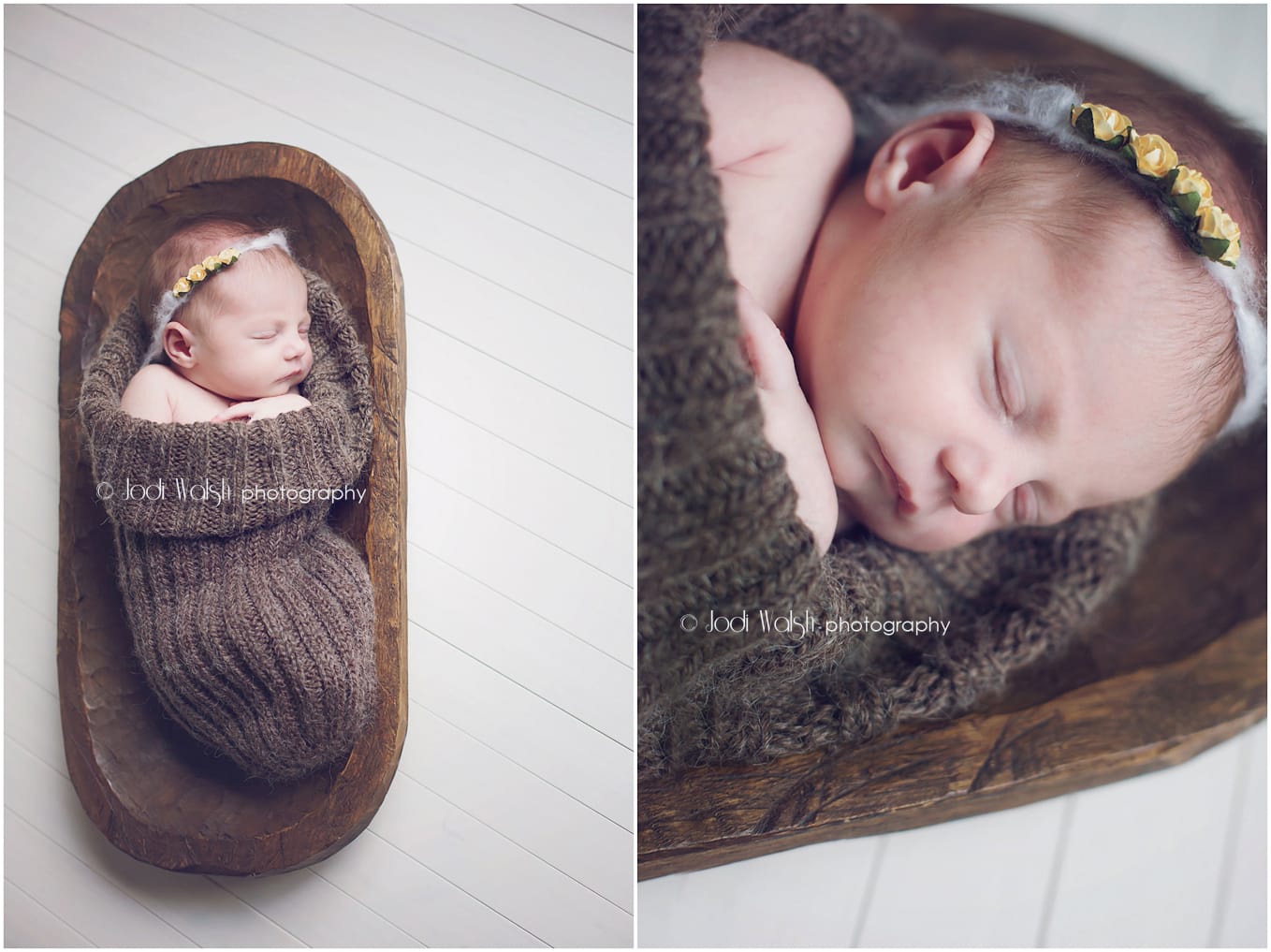 newborn girl sleeping in brown knit sleep sack with yellow flower tie back, wooden bowl