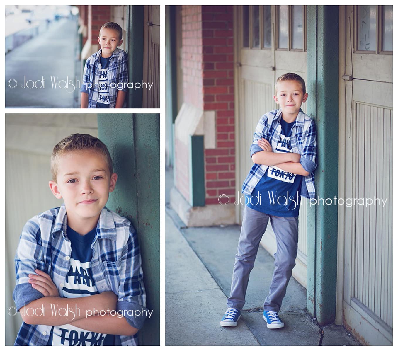 images of a boy around 10 years old, leaning against the wall of a warehouse in Pittsburgh's Strip District.