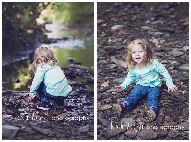 little girl playing in the rocks of a Pittsburgh creek