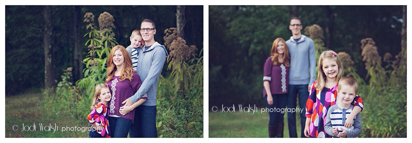 images of a family, mom, dad, boy and girl in a park with tall Joe-pye weeds behind them near Pittsburgh