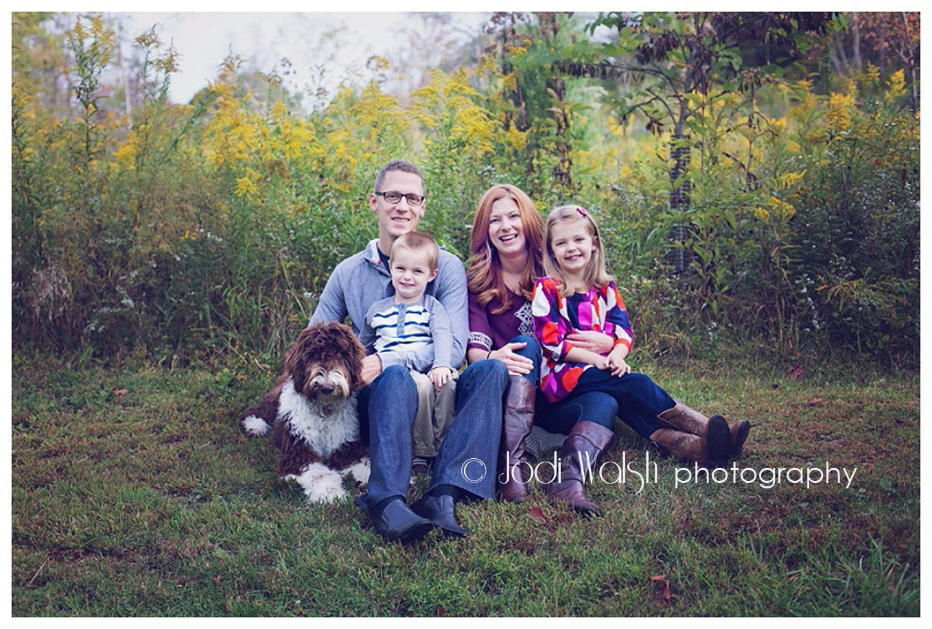 Fall Family portrait with fuzzy labradoodle dog in Sewickley park