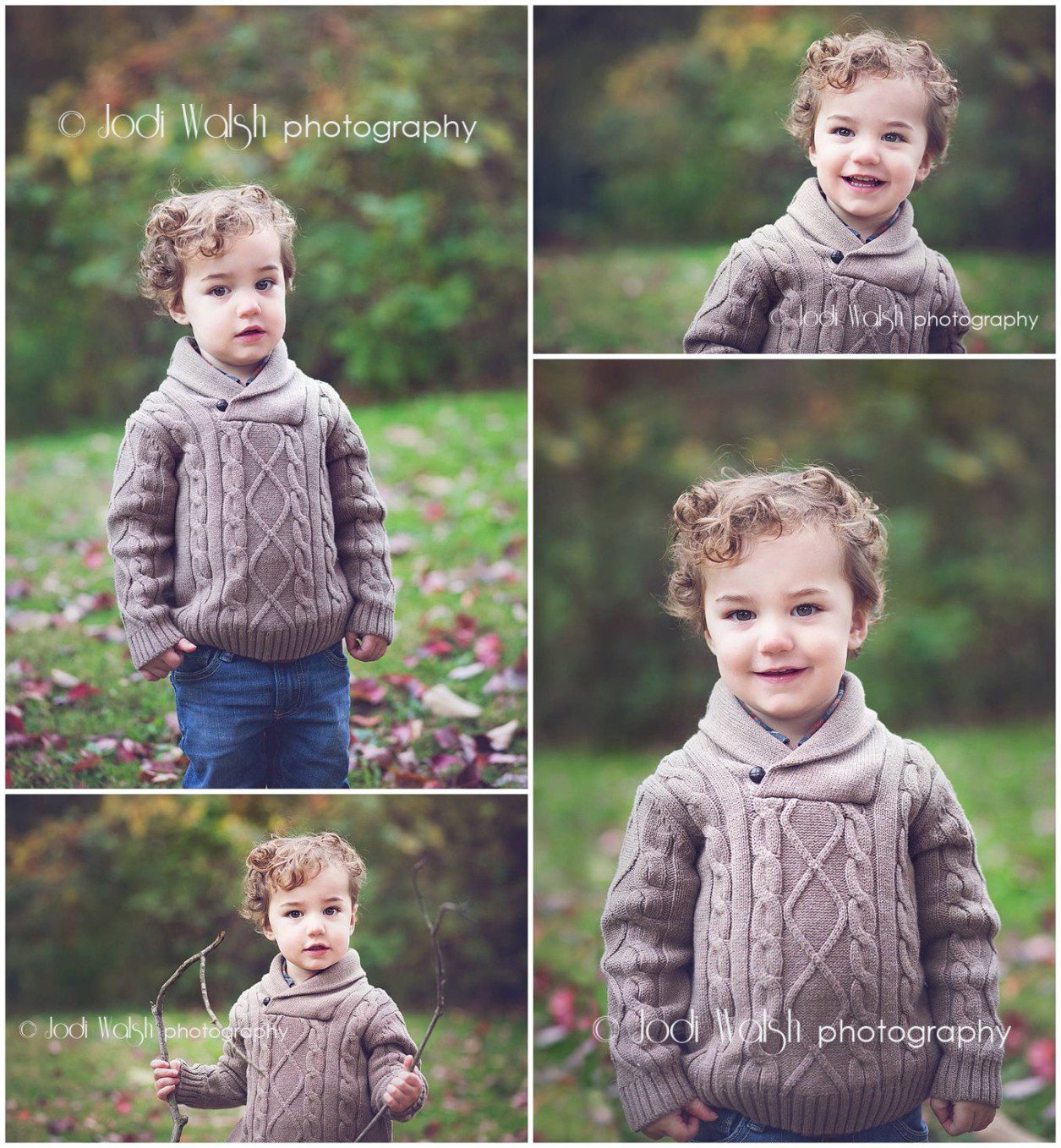 little boy, brown sweater, fall leaves