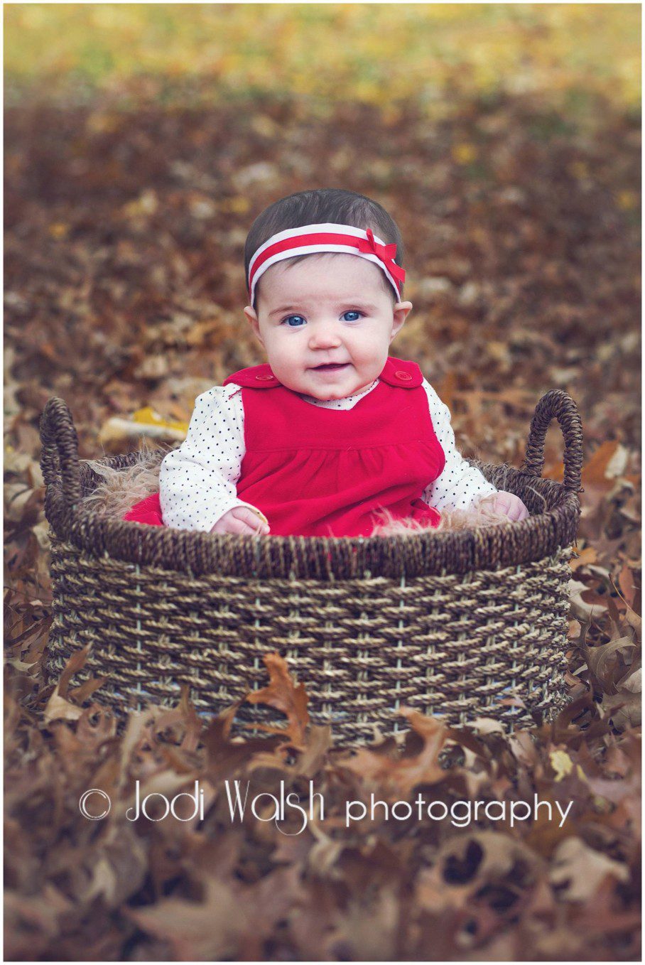 baby girl, red dress, basket, fall leaves