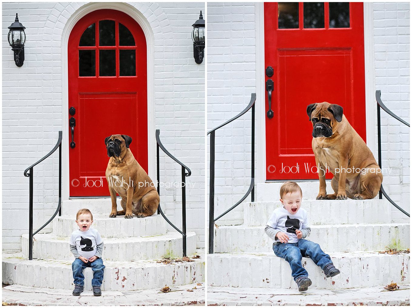 little boy, mastiff, red door, white brick