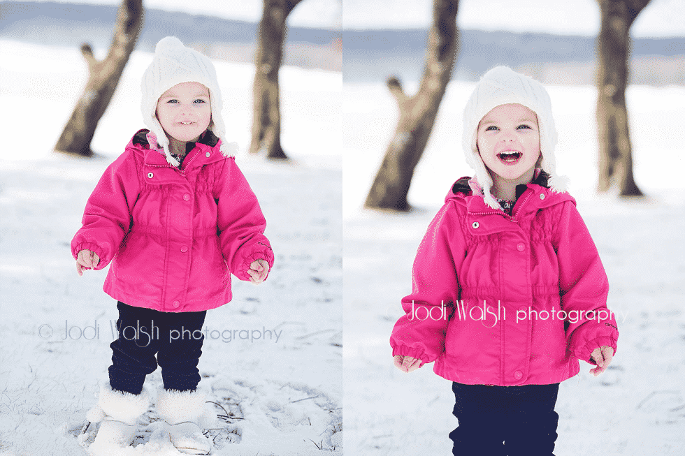 little girl in the snow, 2 yrs old, pink coat, white hat