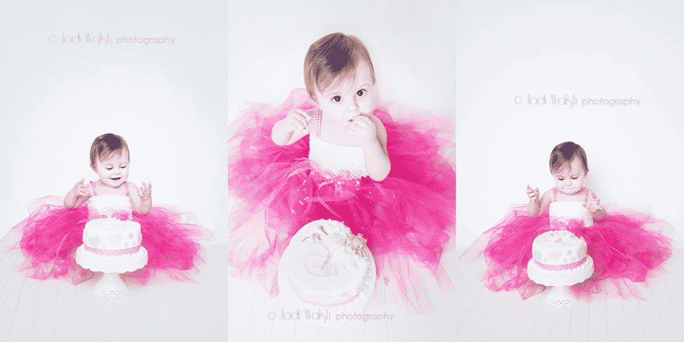 1 yr old smash cake session, pink tutu, child photography with Jodi Walsh Photography