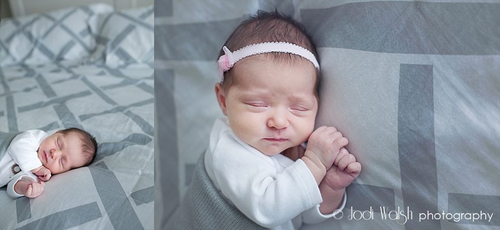 sleeping newborn, pink and grays, LifeStyle, Jodi Walsh Photography