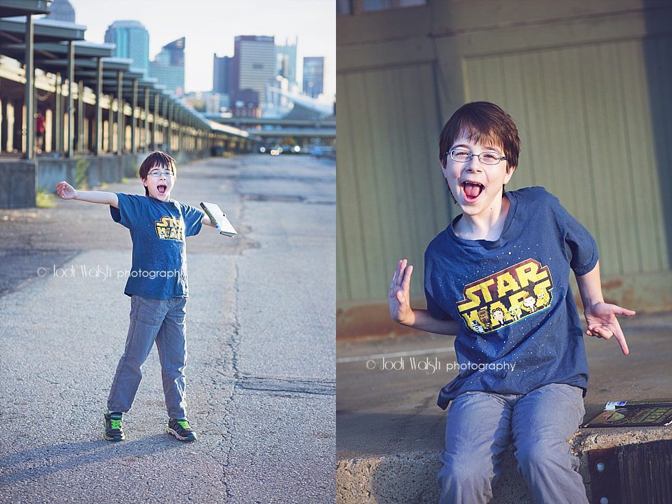 tween photography, boy wearing Star Wars shirt in Strip District, Pittsburgh