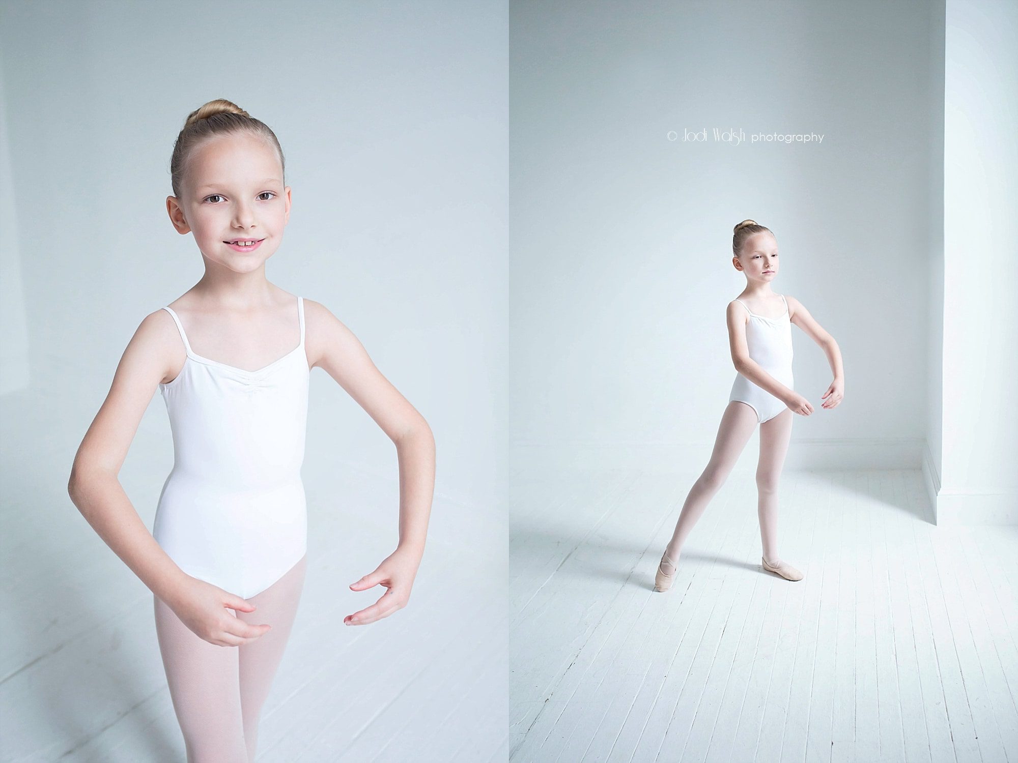 young dancer in white leotard, posing