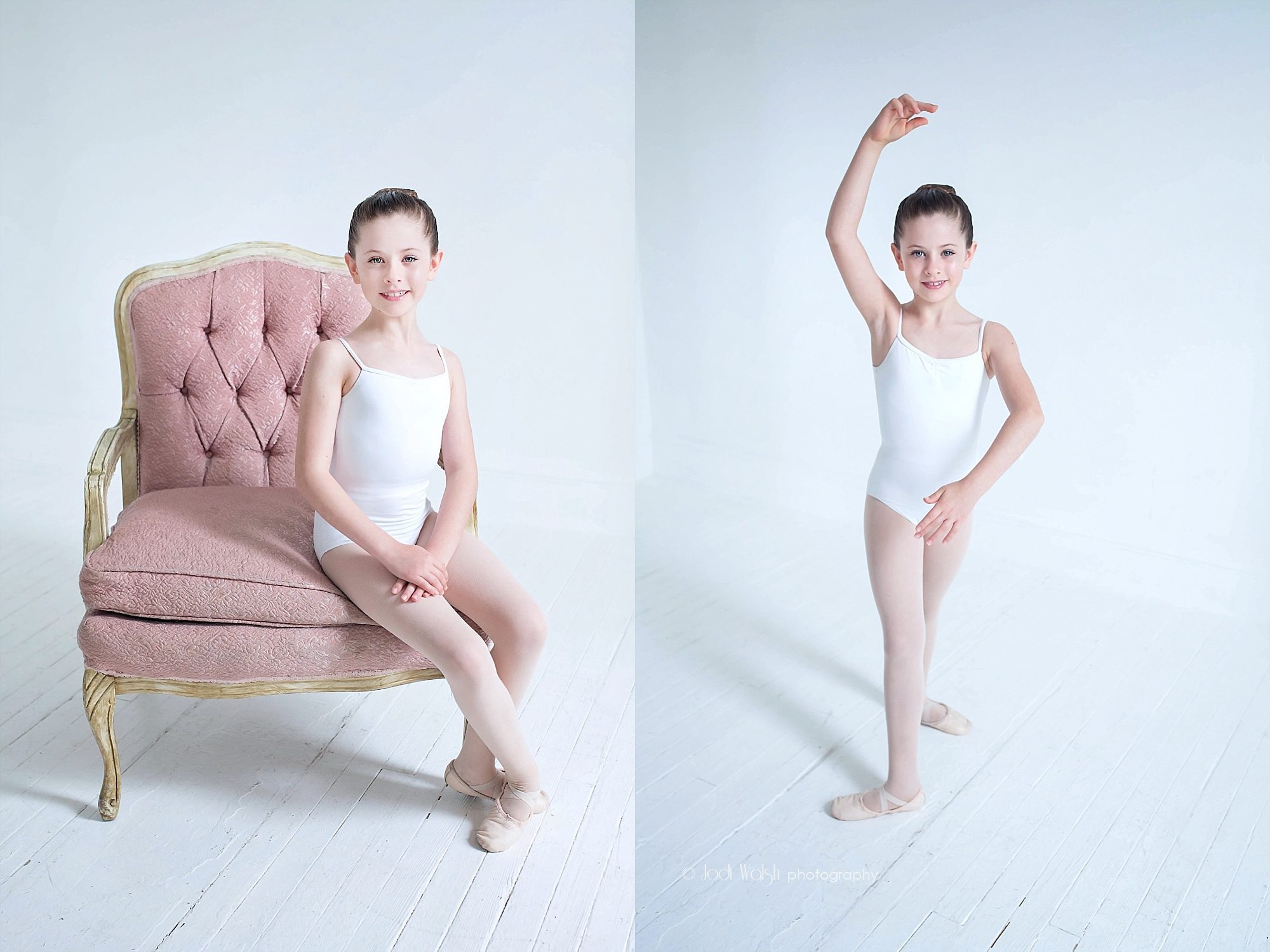 young dancer in white leotard, seated and in ballet pose
