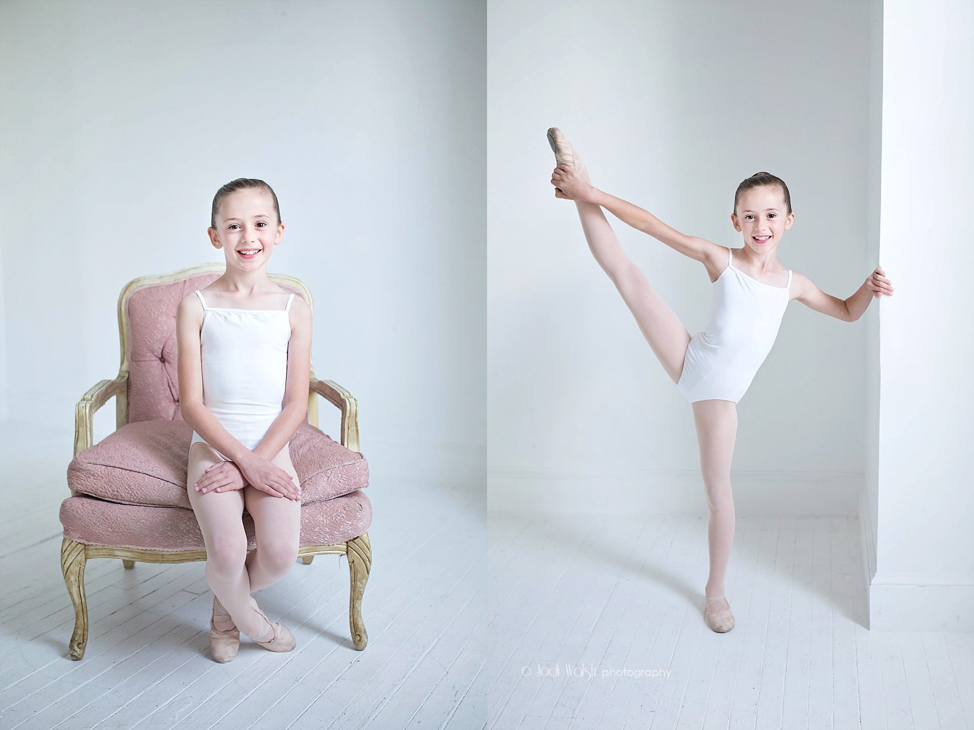 young dancer in white leotard, seated and stretching