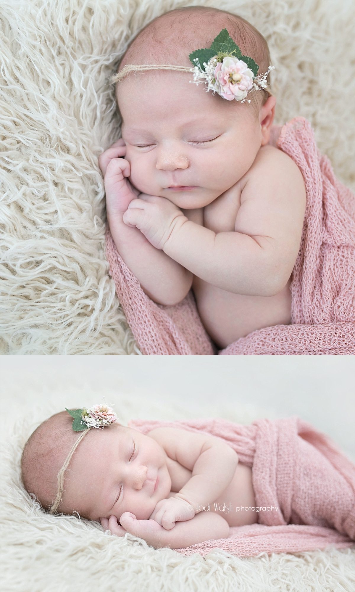posed newborn portrait with pink wrap and flower headband