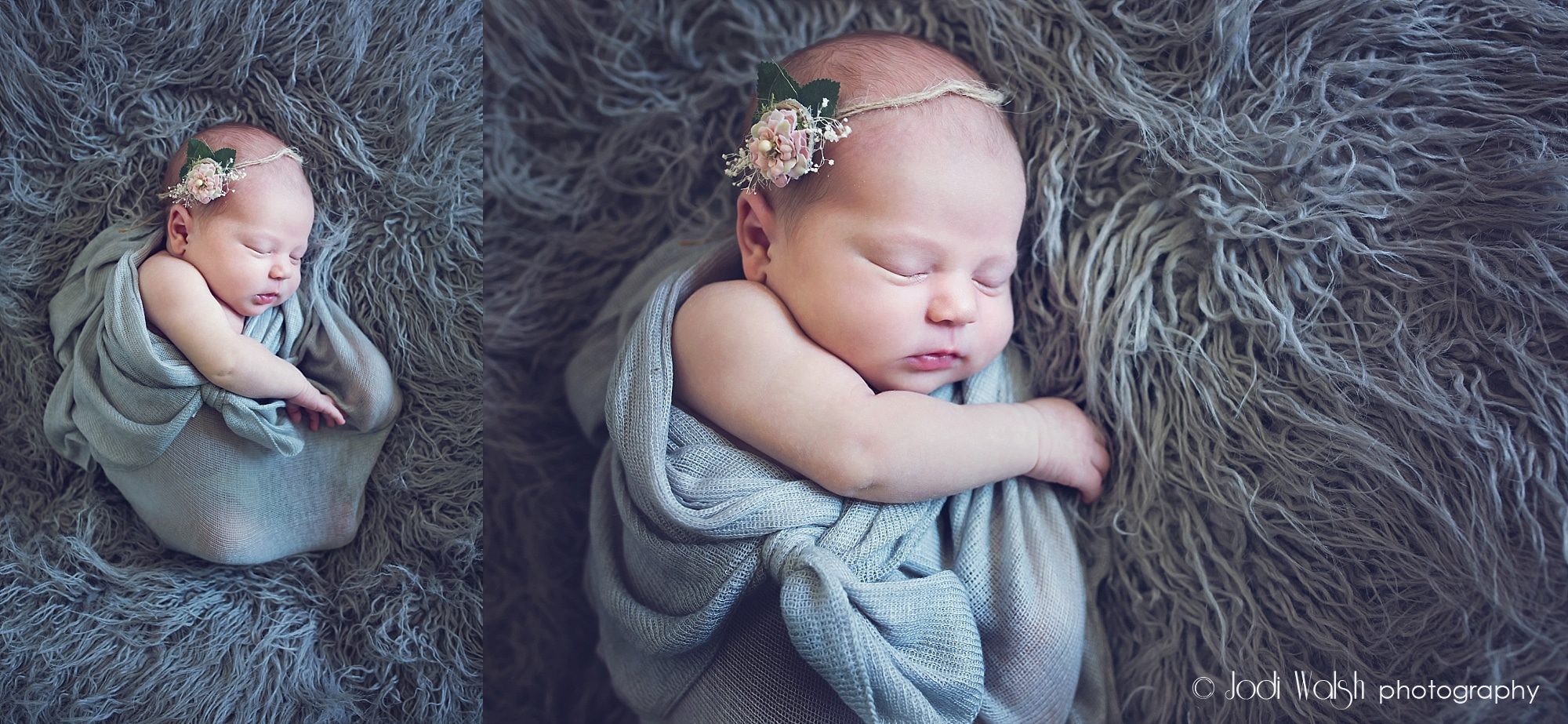 posed newborn photography with gray wrap and flower band
