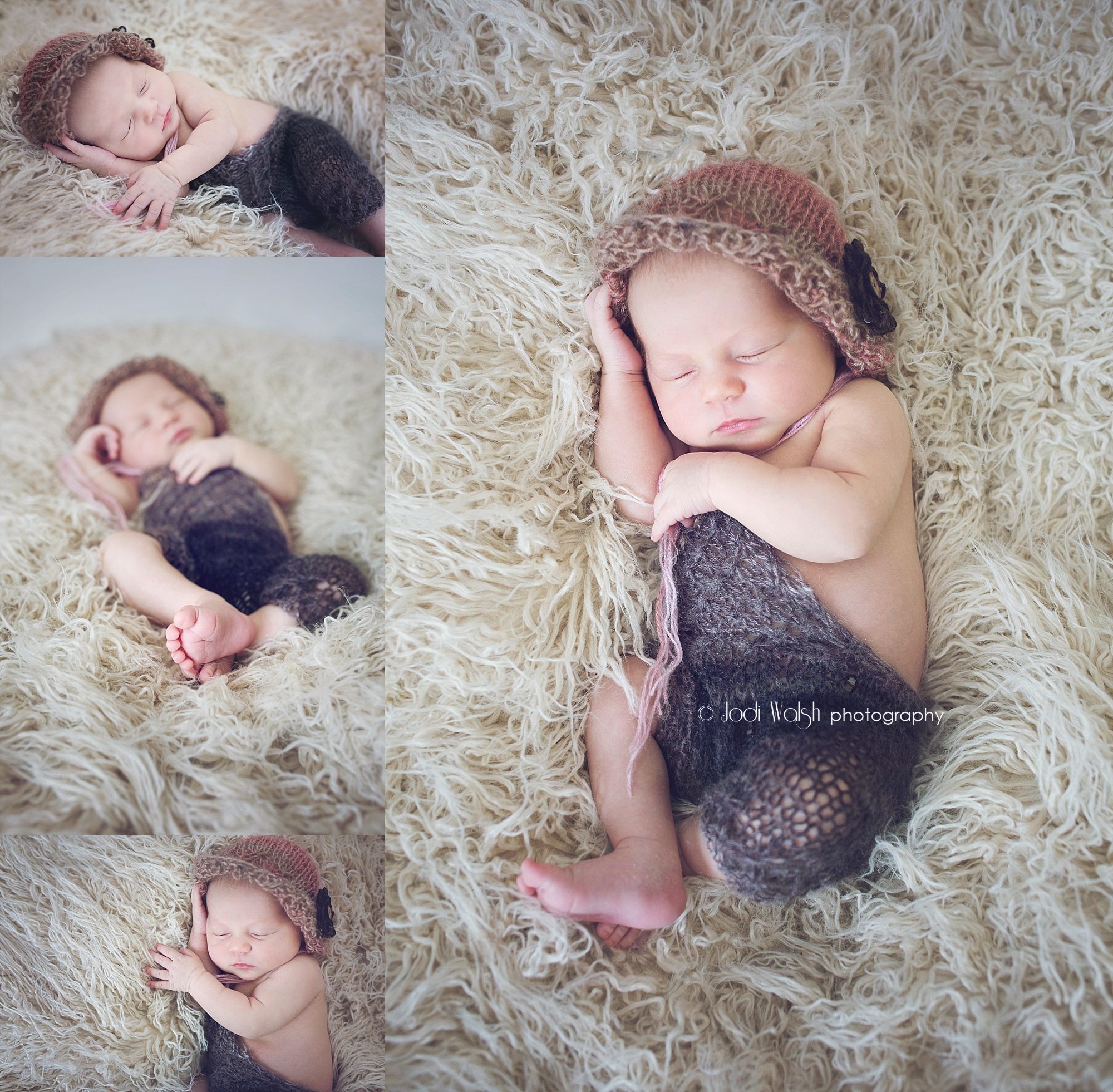 posed newborn photography session with knit romper and bonnet
