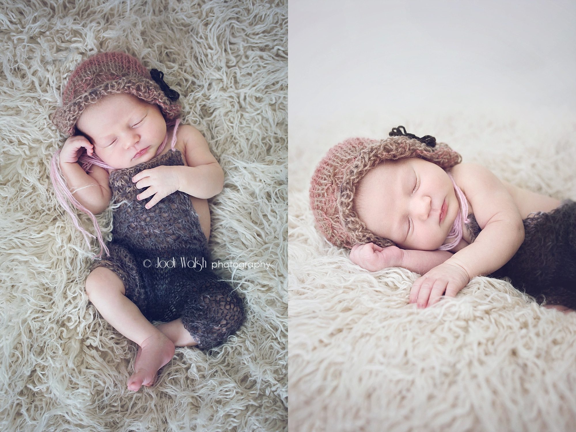 posed newborn session with hand knit romper and bonnet