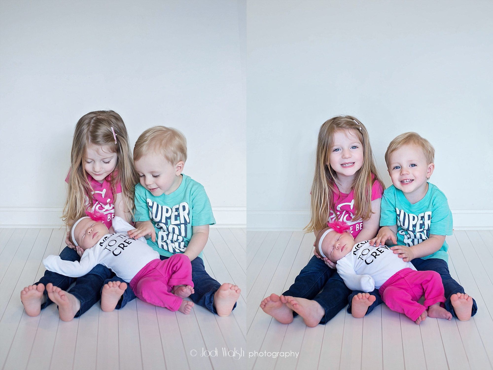 posed portrait session with sister, toddler and newborn