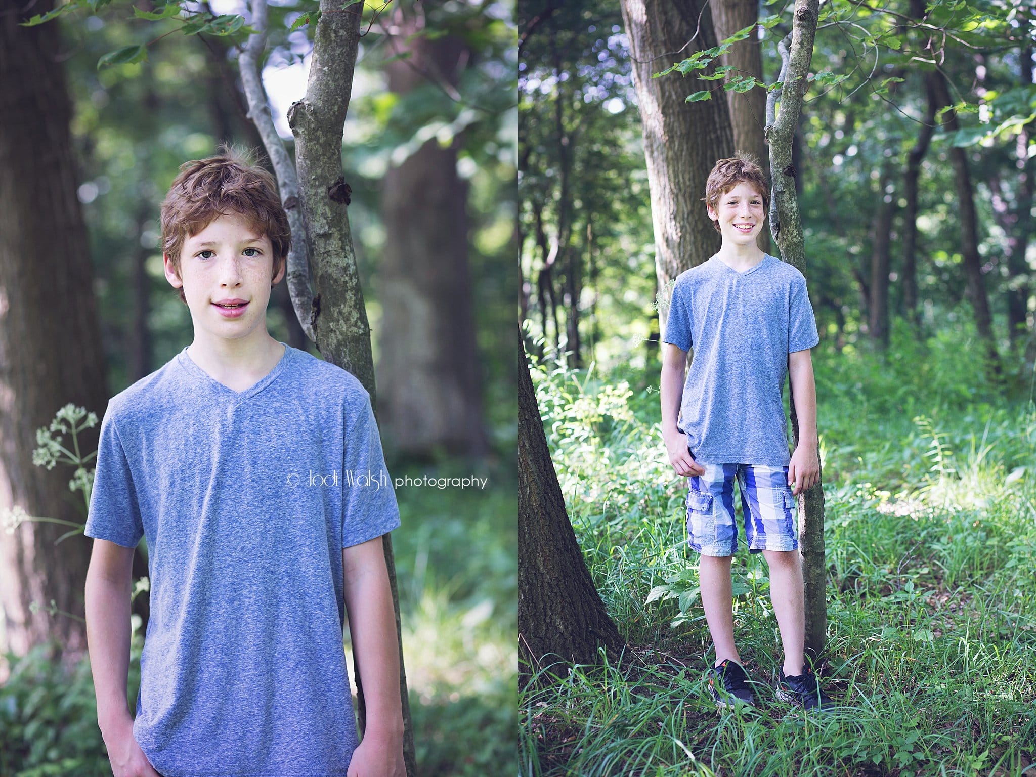 tween boy with blue shirt in the woods outside of Pittsburgh