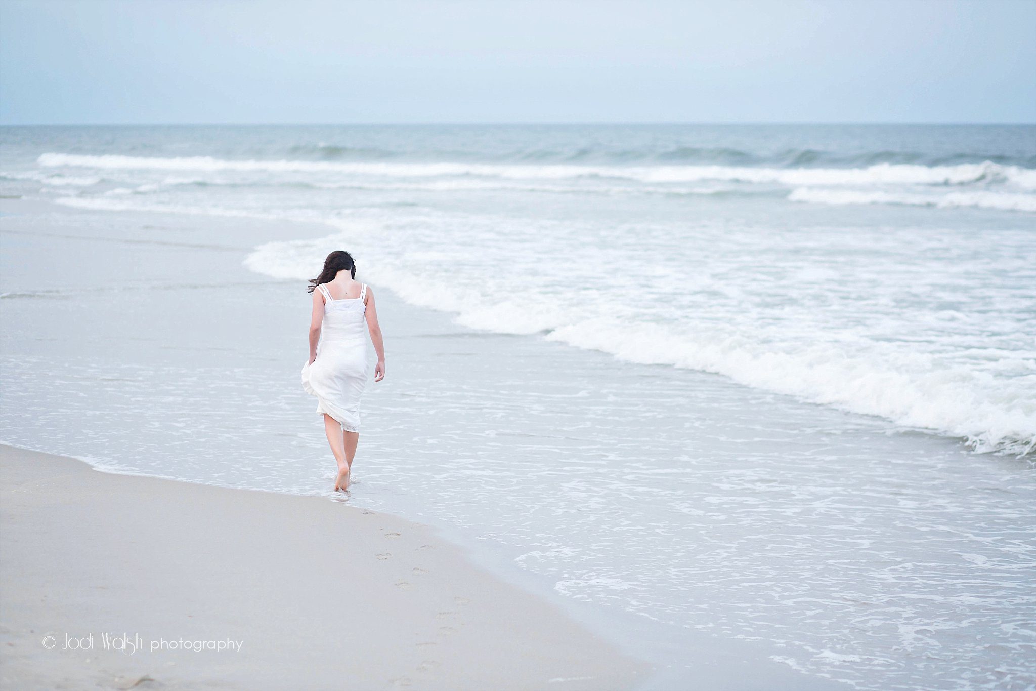 beach girl in white dress walking, Long Beach Island New Jersey
